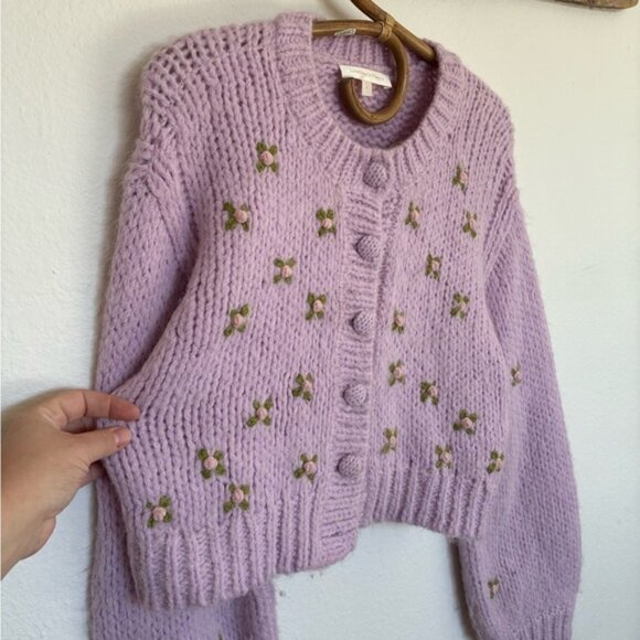 LoveShackFancy Alpaca Knit Cardigan in Lilac with Floral Details Women’s Small - Picture 3 of 5